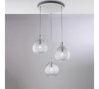 Sospensione Diamante Ø45xH32 - MAX 132 cm, Trasparente, Ferro Laccato Bianco e Cromo, Vetro Soffiato con Decoro Effetto Cristallo, 3 X E27 - 55 Watt Max