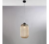 Sospensione in ferro laccato nero con cavo elettrico regolabile e diffusore in vetro soffiato ambra con decoro rigatura in rilievo 1 luce