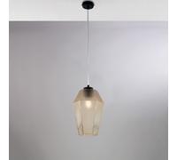 Sospensione in ferro laccato nero con cavo elettrico regolabile e diffusore in vetro soffiato ambra con decoro in rilievo 1 luce