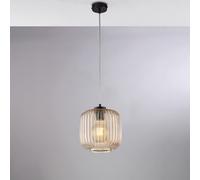 Sospensione in ferro laccato nero con cavo elettrico regolabile e diffusore in vetro soffiato ambra con decoro rigatura in rilievo 1 luce
