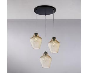 Sospensione Maya Ø47xH35-135 cm, Ambra, 3 luci E27 - 55 Watt Max, Ferro Laccato Nero con Diffusori in Vetro Soffiato