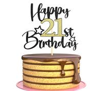 Sotpot 1 topper per torta con scritta "Happy 21st Birthday", con motivo a stelle, colore nero e oro, glitterato, decorazione per torte per feste a tema per 21° compleanno