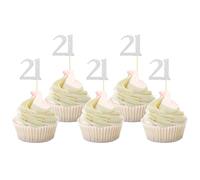 Sotpot Confezione da 30 topper per cupcake con scritta "Happy 21st Birthday", decorazioni per cupcake per 21° compleanno, decorazioni per feste di compleanno, argento glitterato
