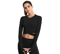 SotRong Maglia Sportiva da Donna a Maniche Lunghe Girocollo Crop Top Ad Asciugatura Rapida Sportiva T Shirts per Allenamento Palestra Yoga Nero S