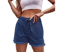 SotRong Pantaloncini in denim da donna con orlo sfrangiato ad alta elastico in vita strappata jeans pantaloncini tinta unita coulisse pantaloncini estivi casual larghi con tasche taglie forti S-2XL,