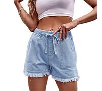 SotRong Pantaloncini in denim da donna con orlo sfrangiato ad alta elastico in vita strappata jeans pantaloncini tinta unita coulisse pantaloncini estivi casual larghi con tasche taglie forti S-2XL,