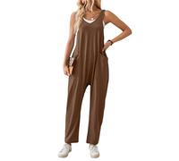 SotRong Tuta estiva da donna, casual, per il tempo libero, senza maniche, con scollo a V, in jersey, a gamba larga, tinta unita, con tasche, Caff, XXL