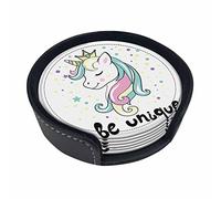 Sotto chieri Unicorno con Supporto 6 Pezzi, Criniera Arcobaleno Macchie Colorate Scritta Be Unique Sotto chieri in Pelle per Bevande, Sotto chieri Rotondi per Regali di inaugurazione della Casa