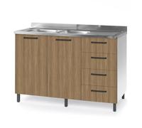 Sotto lavello per cucina componibile da 120 cm con due ante e 4 cassetti, realizzata in legno 100% MADE IN ITALY (Con Lavello Vasche a Sinistra, Noce)