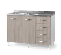 Sotto lavello per cucina componibile da 120 cm con due ante e 4 cassetti, realizzata in legno 100% MADE IN ITALY (Con Lavello Vasche a Sinistra, Olmo)