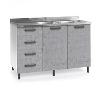 Sotto lavello per cucina componibile da 120 cm con due ante e 4 cassetti, realizzata in legno 100% MADE IN ITALY (Con Lavello Vasche a Destra, Cemento)