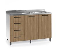 Sotto lavello per cucina componibile da 120 cm con due ante e 4 cassetti, realizzata in legno 100% MADE IN ITALY (Con Lavello Vasche a Destra, Noce)