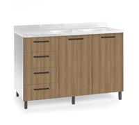 Sotto lavello per cucina componibile da 120 cm con due ante e 4 cassetti, realizzata in legno 100% MADE IN ITALY (Senza Lavello Vasche a Destra, Noce)