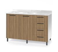 Sotto lavello per cucina componibile da 120 cm con due ante e 4 cassetti, realizzata in legno 100% MADE IN ITALY (Senza Lavello Vasche a Sinistra, Noce)