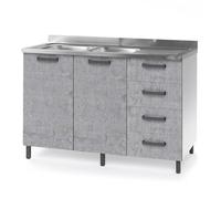 Sotto lavello per cucina componibile da 120 cm con due ante e 4 cassetti, realizzata in legno 100% MADE IN ITALY (Con Lavello Vasche a Sinistra, Cemento)