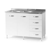 Sotto lavello per cucina componibile da 120 cm con due ante e 4 cassetti, realizzata in legno 100% MADE IN ITALY (Con Lavello Vasche a Sinistra, Bianco Frassino)