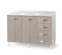 Sotto lavello per cucina componibile da 120 cm con due ante e 4 cassetti, realizzata in legno 100% MADE IN ITALY (Senza Lavello Vasche a Sinistra, Olmo)