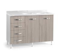 Sotto lavello per cucina componibile da 120 cm con due ante e 4 cassetti, realizzata in legno 100% MADE IN ITALY (Senza Lavello Vasche a Destra, Olmo)