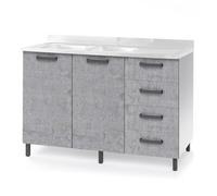 Sotto lavello per cucina componibile da 120 cm con due ante e 4 cassetti, realizzata in legno 100% MADE IN ITALY (Senza Lavello Vasche a Sinistra, Cemento)
