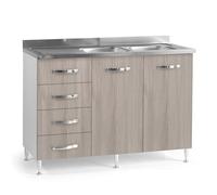 Sotto lavello per cucina componibile da 120 cm con due ante e 4 cassetti, realizzata in legno 100% MADE IN ITALY (Con Lavello Vasche a Destra, Olmo)