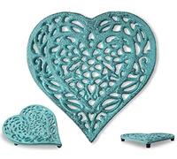 Sottobicchiere a forma di cuore in ghisa - Sottobicchiere decorativo in ghisa per cucina o tavolo da pranzo - Vintage Design rustico - 6.75X6.5 - Con piedini in gomma - Metallo riciclato - Blu