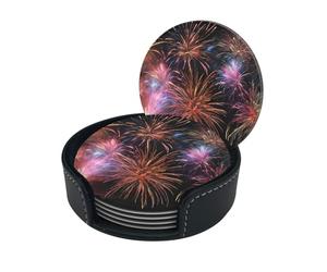 Sottobicchiere con stampa 3D Explosion Firework, sottobicchieri rotondi in pelle con scatola portaoggetti per boccali di vino, bevande fredde e tazze, protezione da tavolo (6 pezzi)