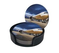 Sottobicchiere con stampa aeroplano nella luce della sera, sottobicchieri rotondi in pelle con scatola portaoggetti per boccali di vino, bevande fredde e tazze, protezione da tavolo (6 pezzi)