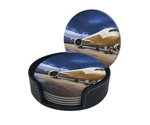 Sottobicchiere con stampa aeroplano nella luce della sera, sottobicchieri rotondi in pelle con scatola portaoggetti per boccali di vino, bevande fredde e tazze, protezione da tavolo (6 pezzi)