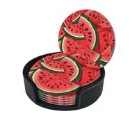 Sottobicchiere con stampa anguria rossa, sottobicchieri rotondi in pelle con scatola portaoggetti per boccali di vino, bevande fredde e tazze, protezione da tavolo (6 pezzi)