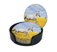 Sottobicchiere con stampa artistica di cavalli che corrono, sottobicchieri rotondi in pelle con scatola per tazze di vino, bevande fredde e tazze, protezione da tavolo (6 pezzi)