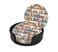 Sottobicchiere con stampa della collezione di scaffali per libri divertenti, sottobicchieri rotondi in pelle con scatola portaoggetti per boccali di vino, bevande fredde e tazze, protezione da tavolo