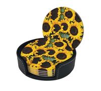 Sottobicchiere con stampa girasoli, sottobicchieri rotondi in pelle con scatola portaoggetti per boccali di vino, bevande fredde e tazze, protezione da tavolo (6 pezzi)