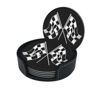 Sottobicchiere con stampa motivo bandiere a scacchi formula bianca e nera, sottobicchieri rotondi in pelle con scatola portaoggetti per boccali di vino, bevande fredde e tazze, protezione da tavolo (6