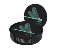 Sottobicchiere con stampa nera libellula, sottobicchieri rotondi in pelle con scatola portaoggetti per boccali di vino, bevande fredde e tazze, protezione da tavolo (6 pezzi)
