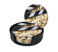Sottobicchiere con stampa popcorn e assicella di film cinematografici, sottobicchieri rotondi in pelle con scatola portaoggetti per boccali di vino, bevande fredde e tazze, protezione da tavolo (6 pez