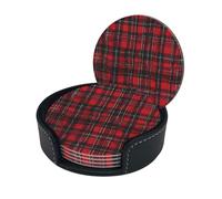 Sottobicchiere con stampa scozzese rossa e nera, sottobicchieri rotondi in pelle con scatola portaoggetti per boccali di vino, bevande fredde e tazze, protezione da tavolo (6 pezzi)