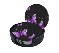 Sottobicchiere con stampa viola farfalla, sottobicchieri rotondi in pelle con scatola portaoggetti per boccali di vino, bevande fredde e tazze Protezione da tavolo (6 pezzi)