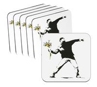 Sottobicchiere in legno - Banksy Rage The Flower Thrower Fleurs Street Art Graffiti, confezione da 6 (95 x 95 mm)