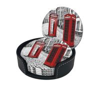 Sottobicchiere rosso con stampa cabina telefonica di Londra, sottobicchieri rotondi in pelle con scatola portaoggetti per boccali di vino, bevande fredde e tazze, protezione da tavolo (6 pezzi)