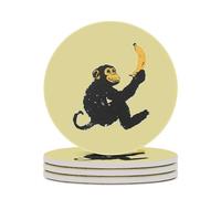 Sottobicchiere rotondo a forma di scimmia che tiene una banana con base in sughero per lavoretti, protezione da tavolo, decorazioni per la casa, 4 pezzi