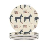 Sottobicchiere rotondo con bandiera degli Stati Uniti a forma di asino e base in sughero per la protezione del tavolo e l'arredamento della casa, 4 pezzi