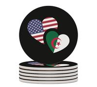 Sottobicchiere rotondo con bandiera dell'Algeria e degli Stati Uniti, con base in sughero, per la protezione del tavolo, decorazione per la casa, 6 pezzi