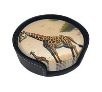 Sottobicchiere rotondo creativo con giraffa madre e bambino (9,9 cm), in pelle PU, adatto per auto, cucina, ristorante, ufficio, ecc.