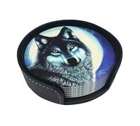 Sottobicchiere rotondo creativo con lupo sotto la luna (9,9 cm), in pelle PU, adatto per auto, cucina, ristorante, ufficio, ecc.
