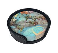 Sottobicchiere rotondo creativo con mappa del mondo dei cartoni animati (9,9 cm), in pelle PU, adatto per auto, cucina, ristorante, ufficio, ecc.