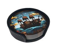 Sottobicchiere rotondo creativo con nave pirata dei cartoni animati (9,9 cm), in pelle PU, adatto per auto, cucina, ristorante, ufficio, ecc.