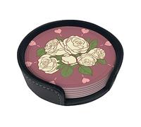 Sottobicchiere rotondo creativo con rosa bianca (9,9 cm), in pelle PU, adatto per auto, cucina, ristorante, ufficio, ecc.