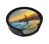 Sottobicchiere rotondo creativo con tramonto a Barcellona (9,9 cm), in pelle PU, adatto per auto, cucina, ristorante, ufficio, ecc.