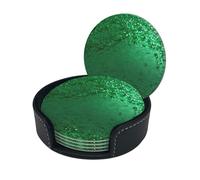 Sottobicchiere verde con stampa scintillante di paillettes, sottobicchieri rotondi in pelle con scatola portaoggetti per boccali di vino, bevande fredde e tazze, protezione da tavolo (6 pezzi)