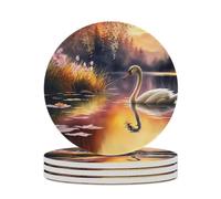 Sottobicchieri assorbenti, 4 pezzi, dipinto a tema tramonto, lago dei cigni con fiori, albero e montagna per la protezione del tavolo, adatti a diversi tipi di tazze, tavolo in legno, arredamento per